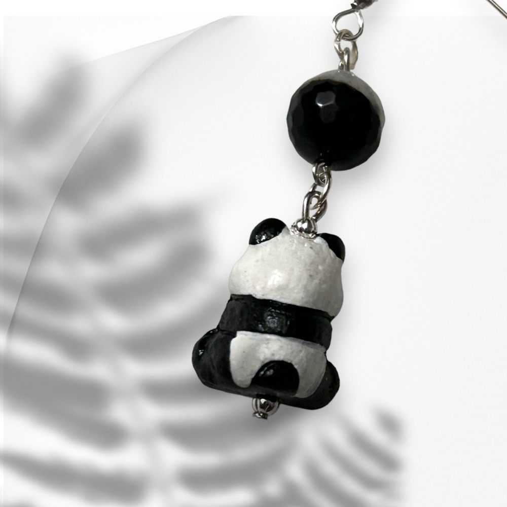 Handmade Earrings Panda Bear Onyx Quartz Dangle Pierced Whimsical Animals - Picture 5 of 7